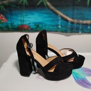 Chunky Black Platform Block Heel Sandals with Ankle Tie